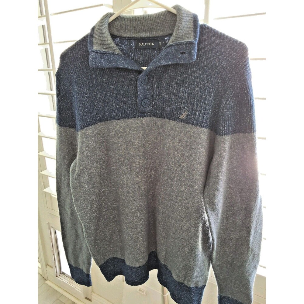​Nautica Sweater Blue Grey Colorblock Button Mock Neck Pullover  Mens S - Picture 3 of 8